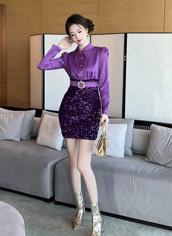 Elegant Fashion Formal Occasion  2-Piece Shirt Sequin Slim Pencil Short Dress - Image 2