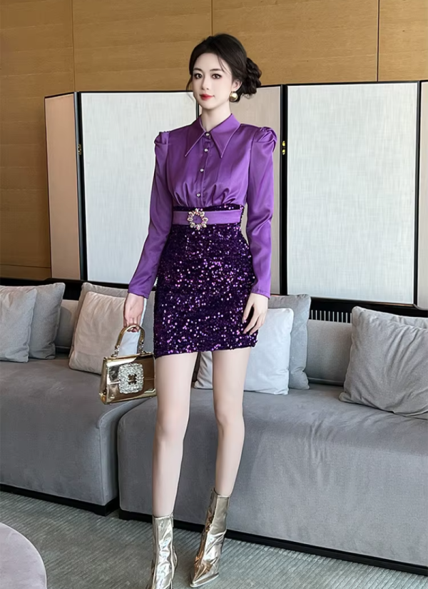 Elegant Fashion Formal Occasion  2-Piece Shirt Sequin Slim Pencil Short Dress - Image 8