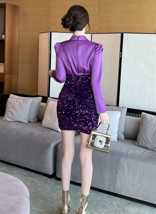 Elegant Fashion Formal Occasion  2-Piece Shirt Sequin Slim Pencil Short Dress - Image 7