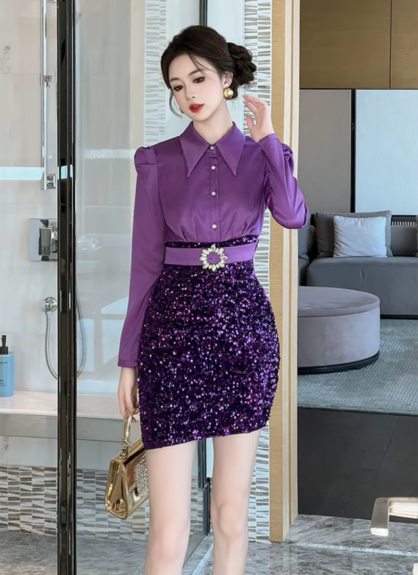 Elegant Fashion Formal Occasion  2-Piece Shirt Sequin Slim Pencil Short Dress - Image 6