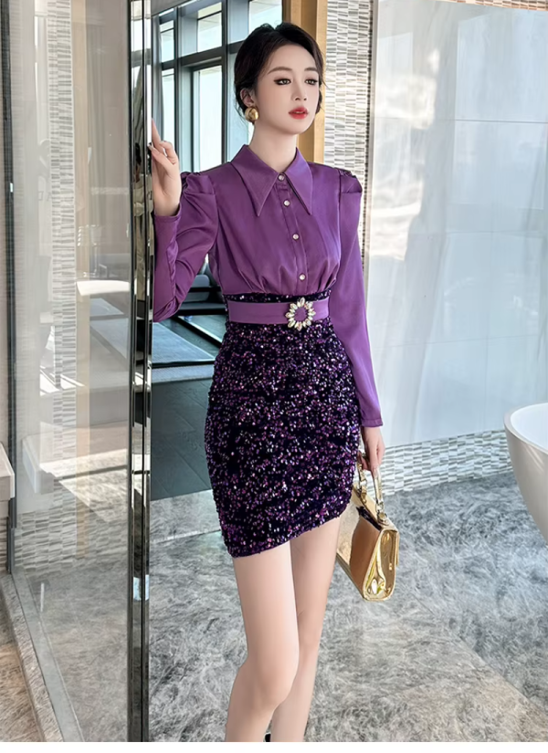 Elegant Fashion Formal Occasion  2-Piece Shirt Sequin Slim Pencil Short Dress