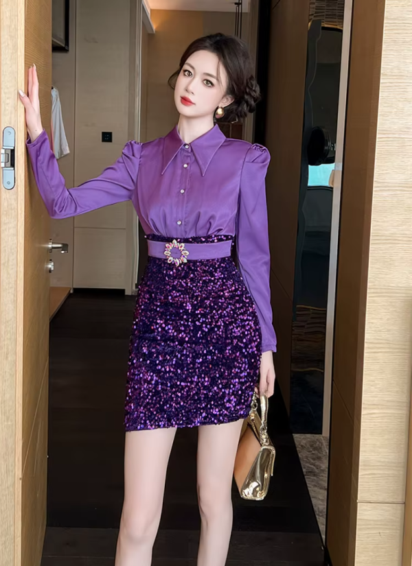 Elegant Fashion Formal Occasion  2-Piece Shirt Sequin Slim Pencil Short Dress - Image 5