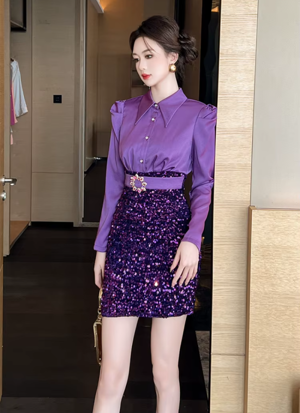 Elegant Fashion Formal Occasion  2-Piece Shirt Sequin Slim Pencil Short Dress - Image 4