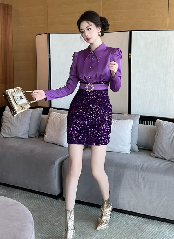 Elegant Fashion Formal Occasion  2-Piece Shirt Sequin Slim Pencil Short Dress - Image 3