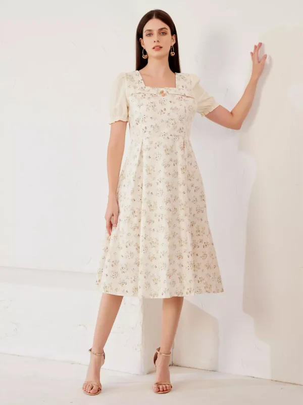 Elegant Floral Cottage Square Neck Puff Sleeves  A-Line Midi Dress