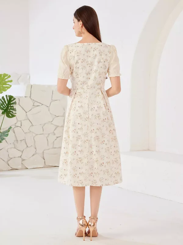 Elegant Floral Cottage Square Neck Puff Sleeves  A-Line Midi Dress - Image 5