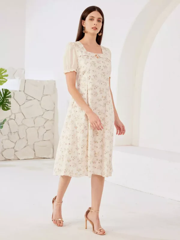 Elegant Floral Cottage Square Neck Puff Sleeves  A-Line Midi Dress - Image 2