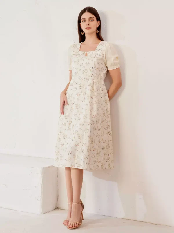 Elegant Floral Cottage Square Neck Puff Sleeves  A-Line Midi Dress - Image 3