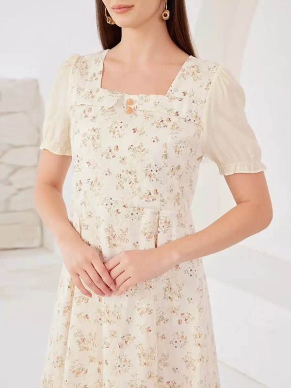 Elegant Floral Cottage Square Neck Puff Sleeves  A-Line Midi Dress - Image 4