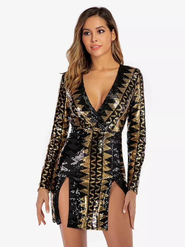 Elegant Geometric Pattern Deep V-neck Long Sleeve Sequin Mini Dress