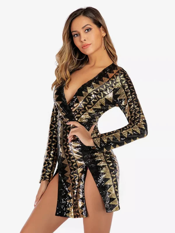 Elegant Geometric Pattern Deep V-neck Long Sleeve Sequin Mini Dress - Image 3