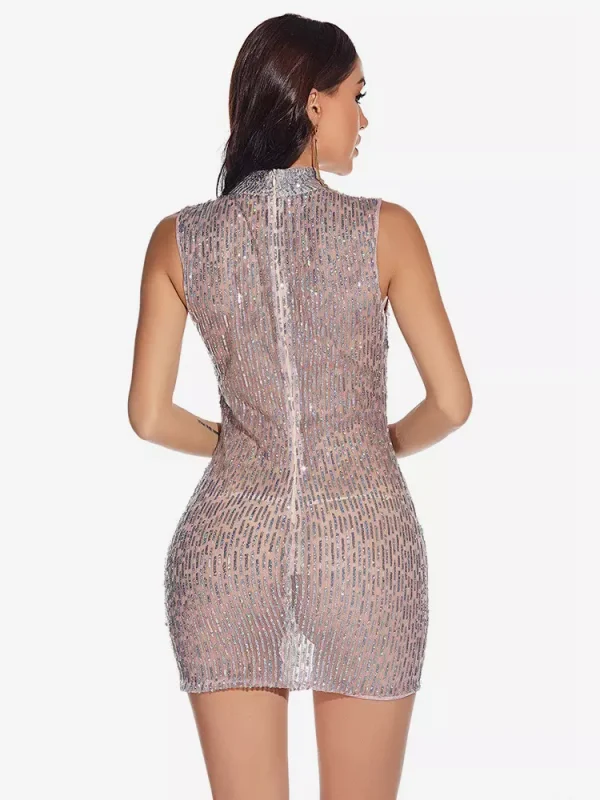 Elegant High Neck Bodycon Sheer Sleeveless Sequin Mini Dress - Image 9