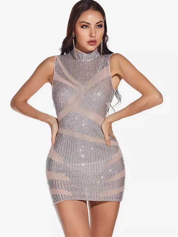 Elegant High Neck Bodycon Sheer Sleeveless Sequin Mini Dress - Image 7