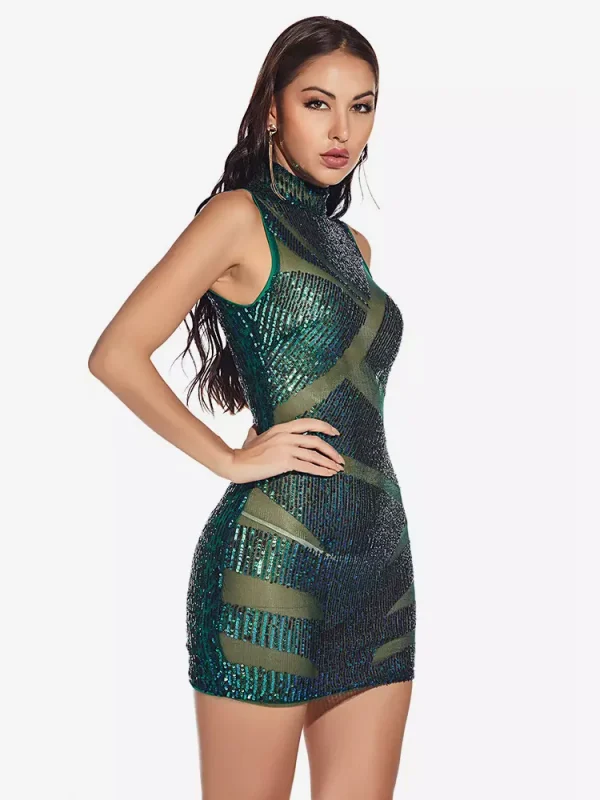 Elegant High Neck Bodycon Sheer Sleeveless Sequin Mini Dress - Image 4