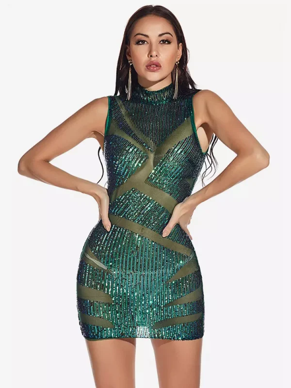 Elegant High Neck Bodycon Sheer Sleeveless Sequin Mini Dress - Image 2