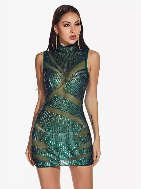 Elegant High Neck Bodycon Sheer Sleeveless Sequin Mini Dress - Image 3