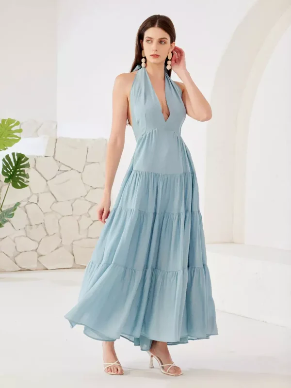 Elegant Layered A-line Halter Neck Boho Sleeveless Long Dress