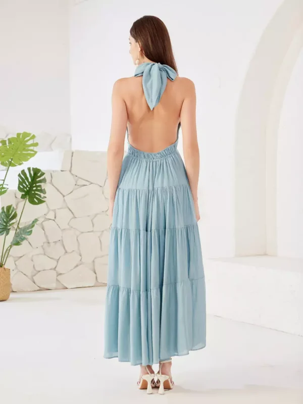 Elegant Layered A-line Halter Neck Boho Sleeveless Long Dress - Image 6