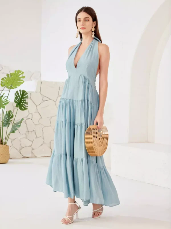 Elegant Layered A-line Halter Neck Boho Sleeveless Long Dress - Image 2