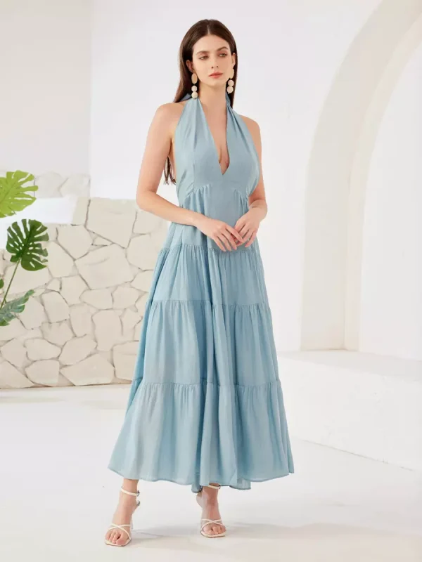 Elegant Layered A-line Halter Neck Boho Sleeveless Long Dress - Image 3