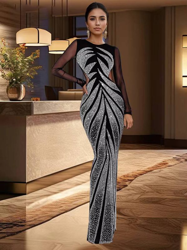 Elegant Mesh See Through Long Sleeve Diamonds O-neck Mermaid Maxi Dress