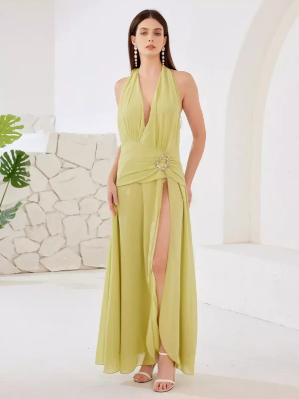 Elegant Polyester Backless Strapless High-slit Halter Maxi Dress