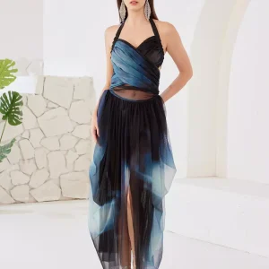 Elegant Polyester Gradient Lace-up Sheer Slit Long Dress