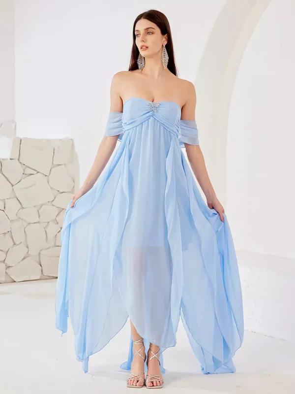 Elegant Polyester Slit Flowy Solid Color Open Shoulder Maxi Dress