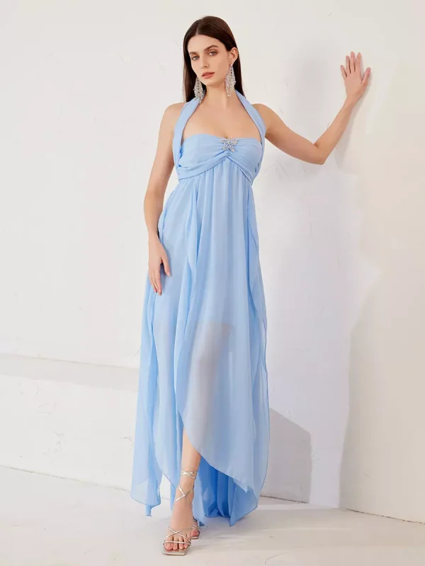 Elegant Polyester Slit Flowy Solid Color Open Shoulder Maxi Dress - Image 3