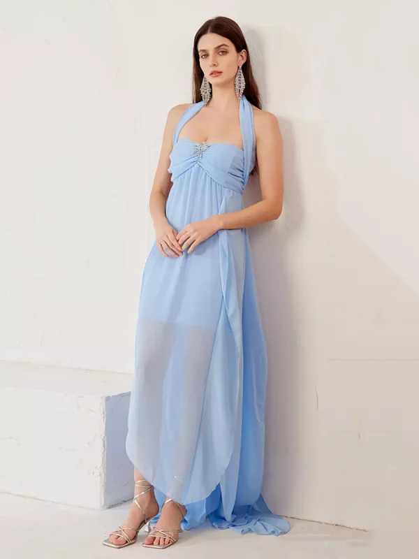 Elegant Polyester Slit Flowy Solid Color Open Shoulder Maxi Dress - Image 2