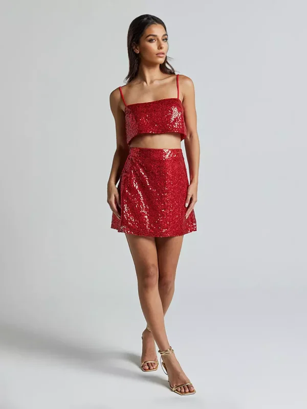 Elegant Sequin Set Crop Top And Mini Skirt Sleeveless Two-Piece - Image 3