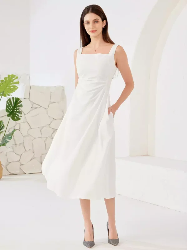 Elegant Side Pockets Square Neck Sleeveless A-Line Midi Dress