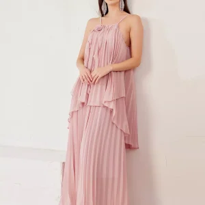 Elegant Slip Top And Flowy Skirt Ruffle Set With Flower Two Piece