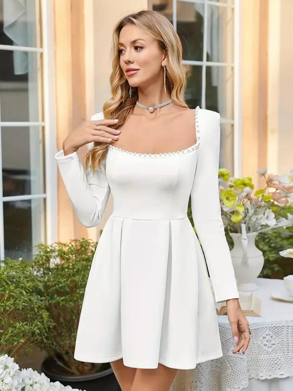 Elegant Square Neck Long Sleeve Pleated Long Sleeve Mini Dress - Image 3