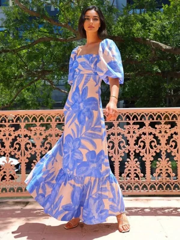 Elegant Square Neck Puff Sleeve Short Sleeve Floral Maxi Dress - Image 2