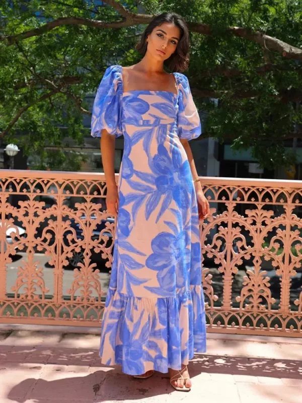 Elegant Square Neck Puff Sleeve Short Sleeve Floral Maxi Dress - Image 4