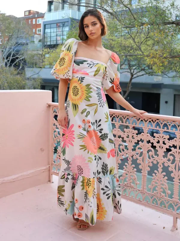 Elegant Square Neck Puff Sleeve Short Sleeve Floral Maxi Dress - Image 7