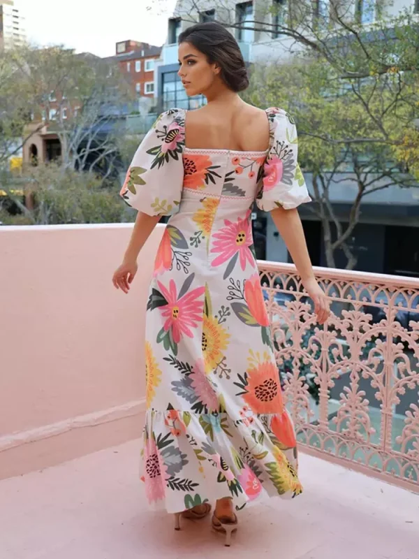 Elegant Square Neck Puff Sleeve Short Sleeve Floral Maxi Dress - Image 8