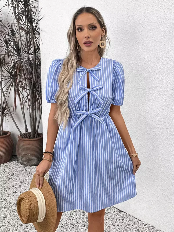 Elegant Striped Tie Front Puff Sleeves Short Sleeve Mini Dress