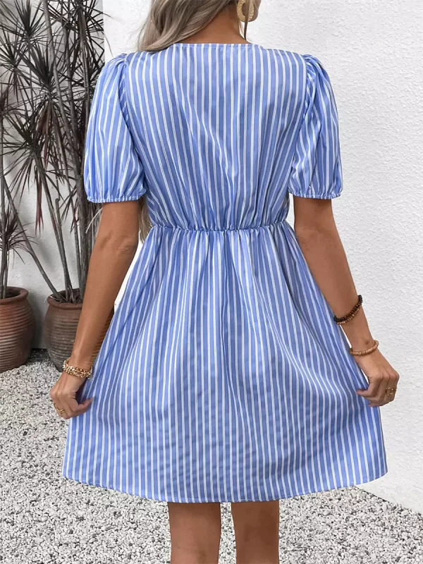 Elegant Striped Tie Front Puff Sleeves Short Sleeve Mini Dress - Image 3