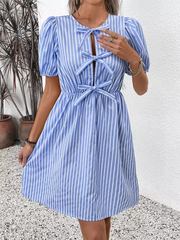 Elegant Striped Tie Front Puff Sleeves Short Sleeve Mini Dress - Image 2