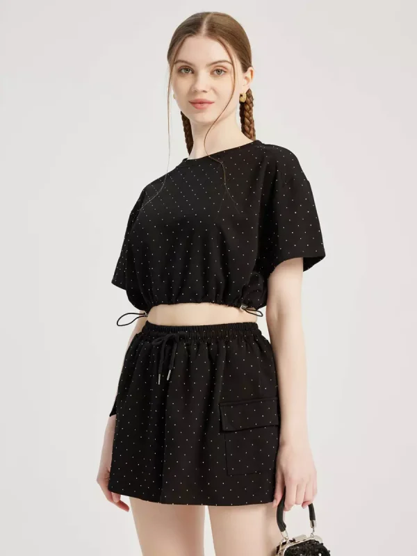 Elegant Studded Polyester Crop Top And Mini Skirt Two Piece Set - Image 3