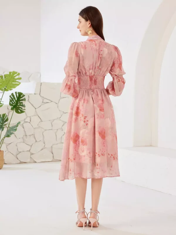 Elegant V-neck Lantern Sleeves A-line Floral Dress Midi Dress - Image 5