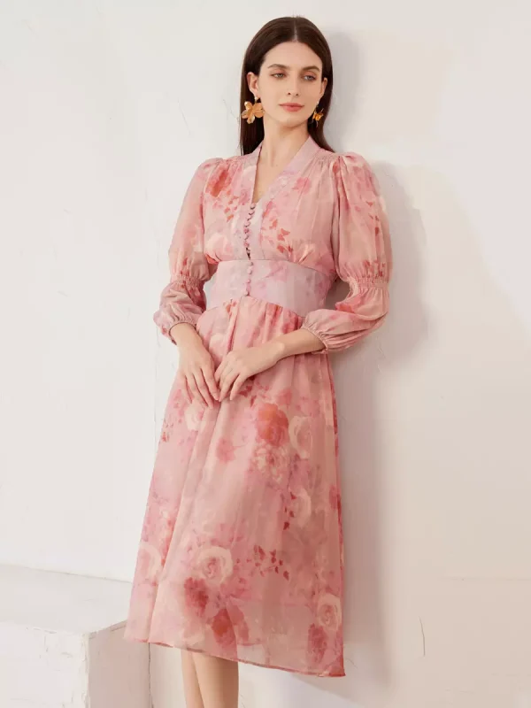 Elegant V-neck Lantern Sleeves A-line Floral Dress Midi Dress - Image 3