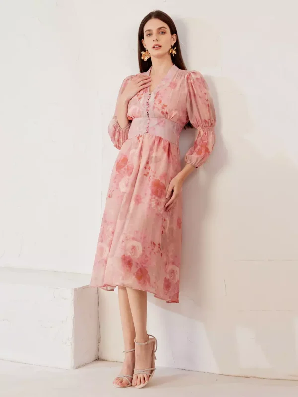 Elegant V-neck Lantern Sleeves A-line Floral Dress Midi Dress - Image 4