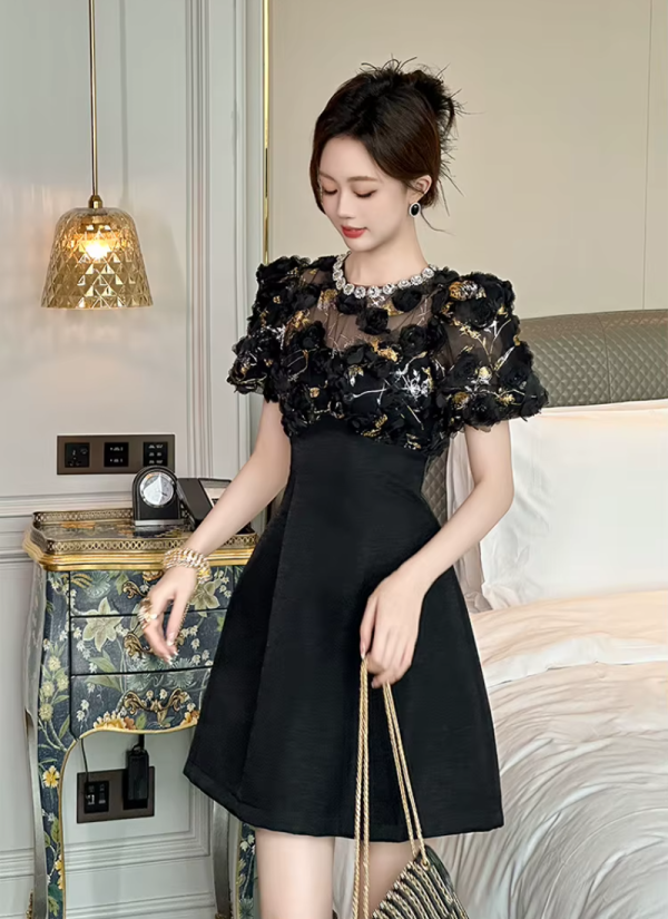 Fashion Elegant Luxury Floral Sexy Sheer O-Neck A-Line Short Gown Evening Dress - Image 5