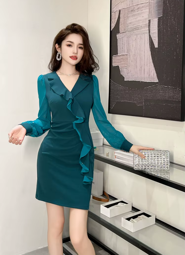 Fashion Elegant Style Formal Office Ruffle Sexy V-Neck Slim Mini Short Pencil Dresses - Image 10