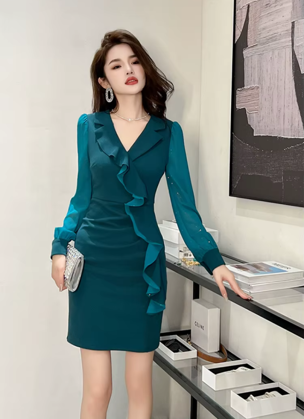 Fashion Elegant Style Formal Office Ruffle Sexy V-Neck Slim Mini Short Pencil Dresses - Image 9