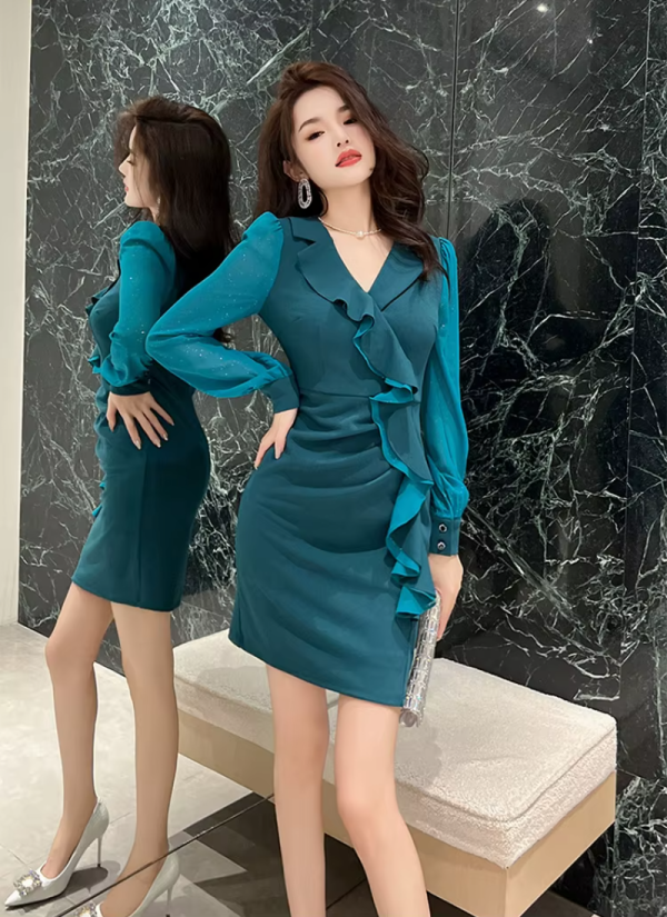 Fashion Elegant Style Formal Office Ruffle Sexy V-Neck Slim Mini Short Pencil Dresses - Image 8