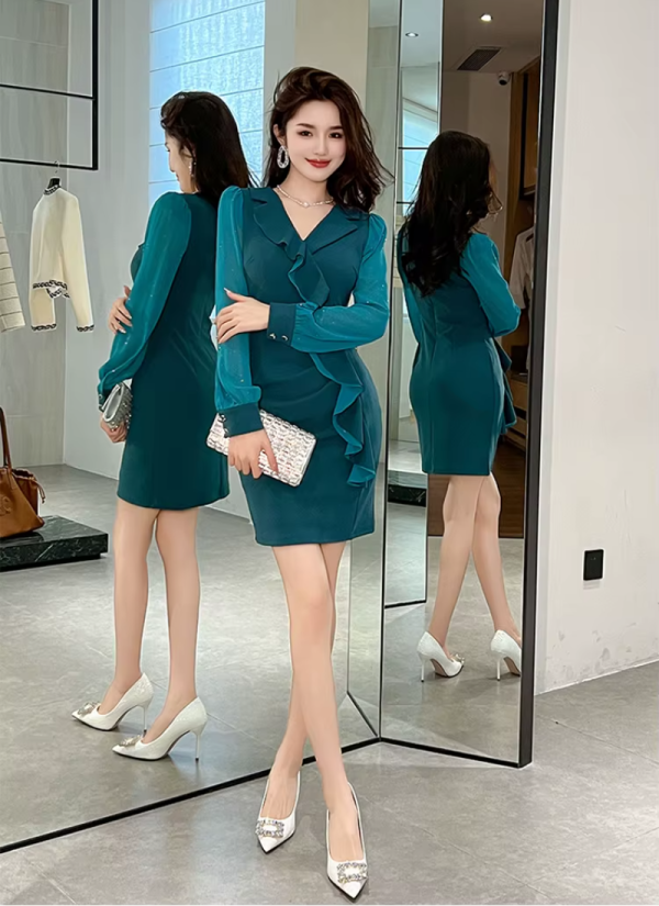 Fashion Elegant Style Formal Office Ruffle Sexy V-Neck Slim Mini Short Pencil Dresses